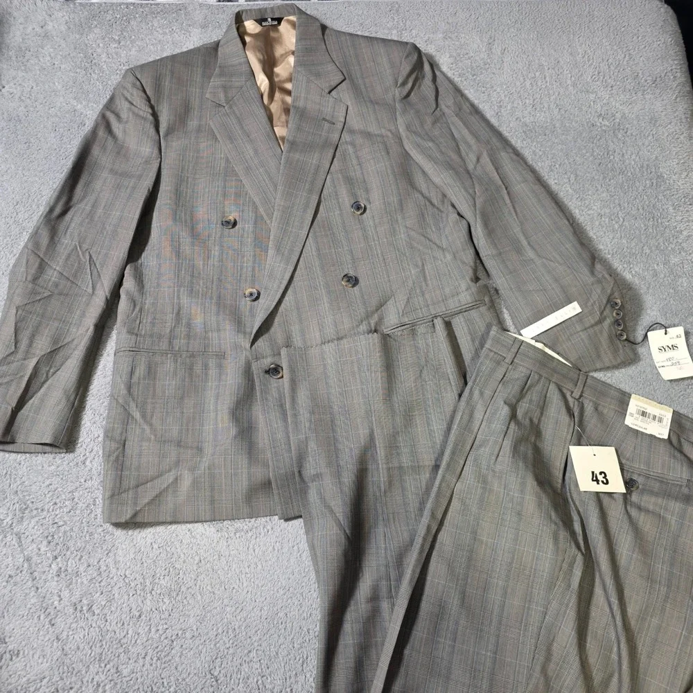Perry Ellis Mens 43R 36x37 Suit Grey Glen Plaid Double Breasted Wool Vintage